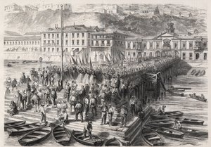 Sydamerikanska Hispano-kriget mellan Chile och Spanien, september 1865: damerna från Valparaiso, i närvaro av den spanska skvadronen som blockerar hamnen, sjunger patriotiska psalmer - gravyr i "" The Illustrous World" av Unknown artist