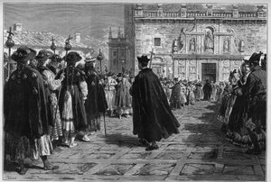 Spanien 1880: festerna i Santiago de Compostela (Santiago de Compostela), processionen av pelerinerna vid ingången till basilikan. av Unknown artist