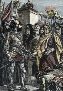 Spaniens erövring av Mexiko: möte mellan Hernan Cortes och Montezuma II 1519 av Unknown artist