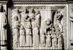 St Augustine ark med reliker av helgonet, detalj av reliefen som visar disputationen och dopet av St Augustine. Skulptur i marmor av Unknown artist