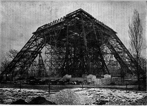 Tillståndet för byggandet av Eiffeltornet i Paris i början av mars 1888, gravering i tidskriften "" la jeunesse"" av Unknown artist
