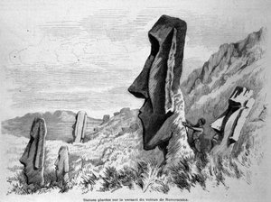 Statyer placerade på sluttningen av vulkanen Ronoraraka på Påskön (Rapa Nui). Gravyr 1871. av Unknown artist