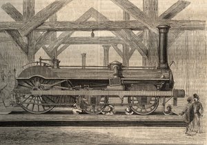 Ångloksmodell, Crampton-system vid namn Thomas Russell Crampton (1816-1888). Gravyr från 1856. av Unknown artist