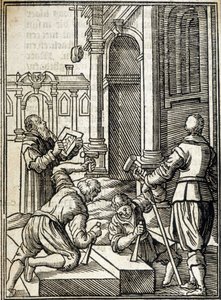 Stenklippare som arbetar med konstruktionen av en katedral - gravyr av Unknown artist