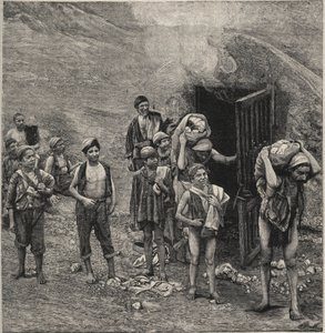 Svavelbrytning (Zolfara) på Sicilien, ritning av Unknown artist