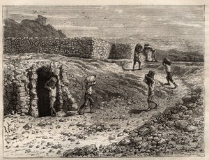 Svavel - En svavelgruva i Girgenti, Sicilien - gravyr i 