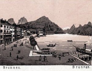 Schweiz: utsikt över staden Brunnen. i "" Världen illustrerar 168 vyer"" Odaterat (slutet av 1800-talet) av Unknown artist