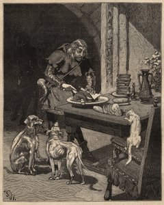 Bordskonst: skär mat innan gaffeln kommer. En man håller köttet med ett pappersark i ena handen och använder sin kniv i den andra. Gravyr från 1885 i "" Les arts et metiers illustres"" av Adolphe BITARD. av Unknown artist