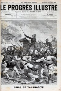Tar Antananarivo - Fransk militär invaderade Antananarivo 1895 - Conquete de Madagascar. - erövring av Tananarive av den franska expeditionsstyrkan den 30 september 1895 - gravering i "" Le Progres illustrious"" från 1895 av Unknown artist