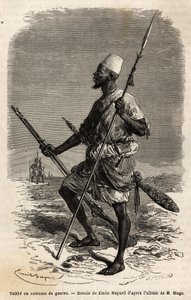 Talibe (en ung student som studerar Koranen) från kung Ahmadus (Toucouleur) armé i krigskostym. Gravyr för att illustrera resan till västra Sudan av löjtnant (marinen) M. Mage, 1863-1866, publicerad i "Le tour du monde, nouveau journal des voyage av Unknown artist