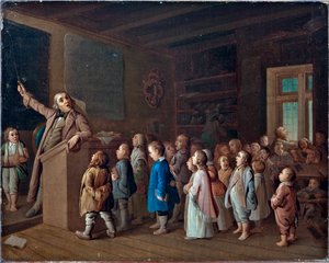 Undervisning i lantskolan, Anonym. Olja på duk, Första hälften av 1800-talet., Statens museum för religionshistoria, St Petersburg av Unknown artist