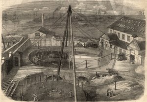 Telegrafi: Den transatlantiska kabeln som tillverkas vid glasfabriken, Elliot and Company i East Greenwich (England) är redo att levereras. Gravyr i "" The Illustrated London News"" av 14 mars av Unknown artist