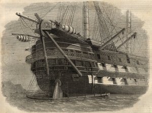 Telegrafi: utsikt över aktern på fartyget H.M.S. "Agamemnon"" som kommer att lägga den första transatlantiska kabeln. Gravyr i "" The Illustrated London News"" av 5 juni av Unknown artist
