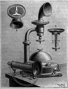 Telefoni i Sverige: modell av en telefon från Ericsson Company. Gravyr i "" Nature: granskning av vetenskaperna och deras tillämpningar på konst och industri "" av 23 mars 1889. av Unknown artist