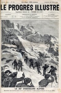 De 30:e alpina jägarna genomför en påtvingad marsch på berget Pelvoux på 3400 meters höjd den 21-24 juni 1895 - gravering i "Le Progres illustrious"" från 1895 av Unknown artist