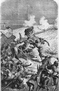 Den 75-årige veteranen John Talot omsattes för att leda en expedition på 3000 man, som barkerade i Guyenne den 17 oktober 1452. Gravyr som representerar Talbots död i strid. Gravyr av 1800-talet. av Unknown artist
