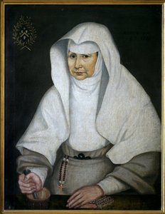 Apotekarsystern Pierrette Monnet (1557-1628), på Hotel Dieu de Beaune. Representerad med en mortel och hans mortelstöt har sin hand. Anonym målning, olja på duk av Unknown artist