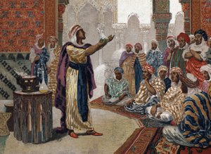 Den arabiske alkemisten Geber (Jâbir ibn Hayyan) (v721-v815), enching kemi. Barcelona 1881 av Unknown artist