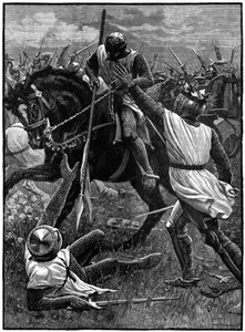 Slaget vid Evesham, 4 augusti 1265. (c1800). Evesham markerade slutet på det andra baronkriget. Royalistiska styrkor ledda av prins Edward (Edward I) besegrade Simon de Montfort (c1208-1265) som dödades i slaget. Här Henrik III (1207-1272) som hade varit M av Unknown artist