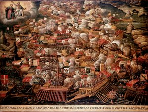 Slaget vid Lepante utanför Greklands kust motsatte sig en spansk, venetiansk och påvestyrka till ottomanerna 1571. Anonym målning. 1500-talet. Venedig Museo Correr av Unknown artist