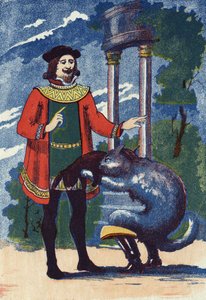 Boot Cat erbjuder en kanin till kungen. Illustration till "" Le chat Botte", berättelse av Charles Perrault (1628-1703), fransk författare. Anonym illustration. Bildmaterial Marcel Vagne, Jarville Nancy, odaterat (slutet av 1800-talet). av Unknown artist