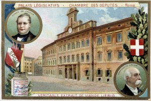 Deputeradekammaren i Rom (Italien), med porträtt av greve Camillo Benso de Cavour (1810-1861) och Francesco Crispi (1819-1901) - Liebig-kromolitografi av Unknown artist