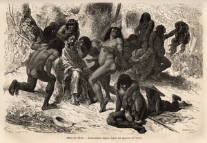 Chunchos-indianerna attackerade teamet av Marcoy, i Caravaya-dalen (Andes cordilliere), men de senare hade inget att flyga, indianerna hade roligt med att klä av sig upptäcktsresande och hitta på dem med rockoo-frön. Gravyr för illustrrer le voyage dans le av Unknown artist