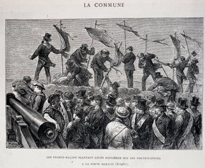 Kommunen: Frimurare planterar sina fanor på befästningarna vid Porte Maillot (1871) - gravyr av Unknown artist
