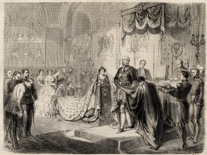 Kung Vilhelm I:s kröning i Königsberg 1861 - Kröningen av kungen och drottningen av Preussen i slottskyrkan Königsberg - Vilhelm I av Preussen - 1861 av Unknown artist