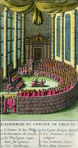 Konciliet i Trent. Illustration med beskrivning av medlemmarna närvarande vid sammankomsten. Konciliet i Trent sammankallades av påven Paul III (representant för den romersk-katolska kyrkan) 1545, som svar på önskemål från Martin Luther i f. av Unknown artist