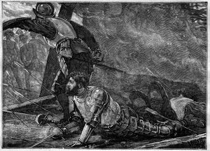 Juans död av La Cosa - Juan de la Cosas död (1460-1510) kartograf, conquistador och spansk upptäcktsresande i Cartagena, Colombia - gravyr från 1887 av Unknown artist