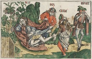 Noahs fylleri, ca 1483-95 (handkolorerat träsnitt) av Unknown artist