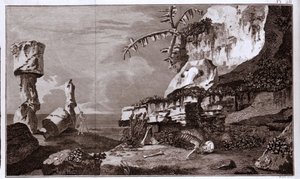 Påskön (Rapa Nui) i Polynesien efter "Viaggi del Capitano Cook", gravyr från 1800-talet. av Unknown artist