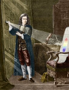 Den engelske fysikern Isaac Newton (1642-1727) sönderdelar ljus med ett prisma av glas. Gravyr från 1880. av Unknown artist