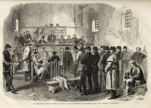 The Fenian Insurrection, undersökning av Mr Cleary i Courthouse i Kilmallock - 1867 - En rättegång mot fenianer inför Court of Kilmallock i Irland - 1867 - gravyr från "The Illustrous Universe" från 1867 av Unknown artist