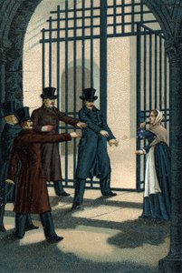 De fyra sergeanterna (Bories, Pomier, Raoulx och Goudin) i La Rochelle anklagades under restaureringen för att vilja störta monarkin och giljotinerna 1822. Deras brott är att tillhöra Charbonnerie (Carboneria). av Unknown artist