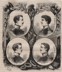 De fyra sergenterna (Jean Francois Bories (1795-1822), Jean Joseph Pommier (1796-1822), Marius Claude Raoulx (1797-1822)) och Charles Goubin (1798-1822) från La Rochelle anklagade under restaurationen för att vilja störta monarkin och giljotinerna 1822 av Unknown artist