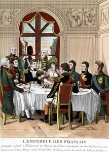 Den franske kejsaren Napoleon I i Tilssit tar emot Rysslands kejsare, prins Konstantin, kungen av Preussen, hans hustru, prins Henrik och storhertigen av Bert, skålar för drottningen av Preussens hälsa. Gravyr från tidigt 1800-tal av Unknown artist