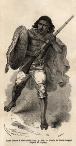 The Game, eller modig har tre hårstrån, abessinisk pistolsoldat. Gravyr för att illustrera resan till Abessinien, 1862 av Guillaume Lejean, i "Le tour du monde, nouveau journal des voyages"" publicerad under ledning av Edouard Charton av Unknown artist