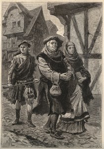 The Gartier (The Glover) som följer med sin dotter till kyrkan - 1800-talsillustration till den historiska romanen "The Pretty Girl of Perth or Valentine