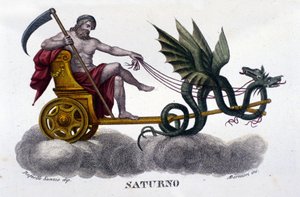 Guden Saturnus (eller Cronos) på en stridsvagn avfyrad av två drakar. Från en illustration av Raffaello Sanzio. Gravyr av 1800-talet. av Unknown artist