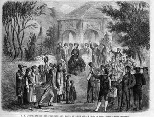 Impressen av den franska Eugenie de Montijo (1826-1920) vid badet i Schwalbach (hertigen av Nassau, idag i Tyskland). Gravyr i "The Illustrious Universe" av Unknown artist