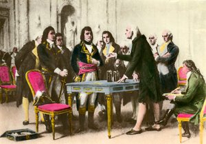 Den italienske fysikern Alessandro (Alexandre) Volta (1745-1827) presenterar sin hög för Napoleon Bonaparte. 1801 Privat samling av Unknown artist