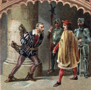 Kungen av Frankrike Ludvig XII har Ludovic Marie Sforza, känd som More (Ludovico Maria Sforza detto il Moro) (1452-1508) inlåst i slottet Loches, i Touraine. Kromolitografi från slutet av 1800-talet av Unknown artist