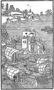 Riddarna av Rhodos (sjukhusorden av St. Johannes av Jerusalem) attackerar Rhode Island i "" Rhodiorum History"" av Guilelmus Caorsin, Ulmae, Joh. Regeringen oktober av Unknown artist