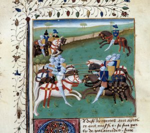 Riddarna av det runda bordet deltar i en ridderlig turnering. Miniatyr från manuskriptet "The novel of Tristan" av Master Charles of Maine av Unknown artist