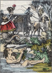 Markisen de Carabas låtsas drunkna medan stövelkatten ropar på hjälp. Illustration av berättelsen "The cat botte" av Charles Perrault av Unknown artist
