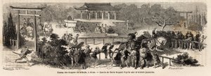 Mikado (kejsaren av Japan) godsägarefält i Kioto (eller Kyoto), tränings- och träningsbana för kejserliga hästar. Gravyr för att illustrera resan till Japan, 1863-1864, av Aime Humbert, minister för Schweiziska edsförbundet, i "Le tour du monde, nouveau av Unknown artist