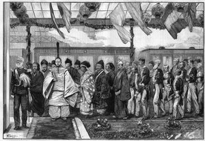 Mikado, den andlige härskaren över Japan, invigde sitt lands första järnväg av Unknown artist