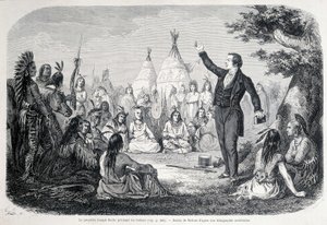 Mormonprofeten Joseph Smith predikar för indianerna (Nordamerika). 1800-talsillustration. av Unknown artist